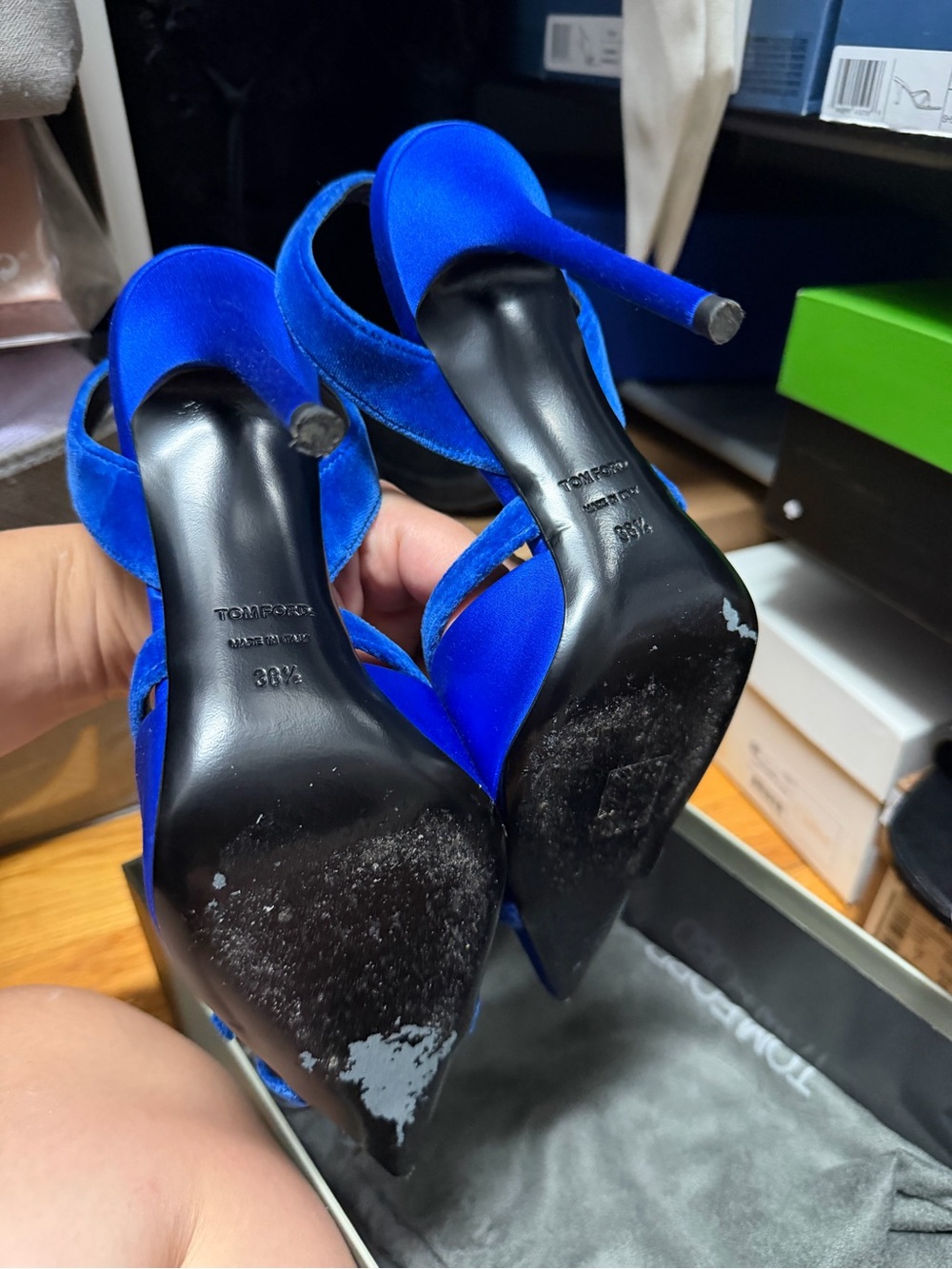 Tom Ford Cobalt Blue Satin Pointed-Toe Slingbacks with Bow - Picture 2 of 4